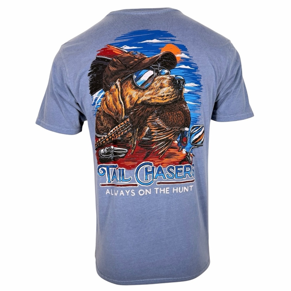 Tail Chasers Men’s T-shirt Car Dog Blue Graphic T-Shirt